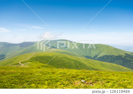 carpathian mountain landscape of ukraine in summer. sunny weather. wonderful nature scenery of alpine grassy meadow and green hills on a sunny day under blue sky. popular travel destination carpathian mountain landscape of ukraine in summer. sunny weather. wonderful nature scenery of alpine grassy meadow and green hills on a sunny day under blue sky. popular travel destination 126119489