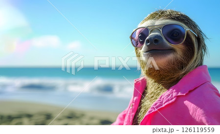 Anthropomorphic sloth in pink shirt relaxes on the beach, turquoise sea and white sand beach, horizontal banner with space for text 126119559