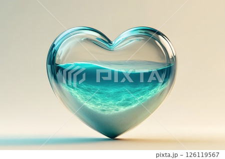 Volumetric glass heart with the sea and waves inside it, the love of summer, a long awaited vacation, world ocean, day of water 126119567