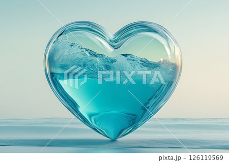 Volumetric glass heart with the sea and waves inside it, the love of summer, a long awaited vacation, world ocean, day of water 126119569