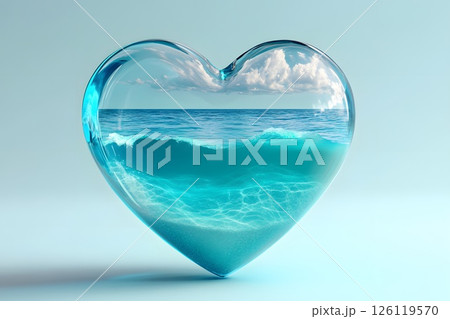 Volumetric glass heart with the sea and waves inside it, the love of summer, a long awaited vacation, world ocean, day of water 126119570
