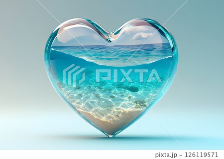 Volumetric glass heart with the sea and waves inside it, the love of summer, a long awaited vacation, world ocean, day of water 126119571