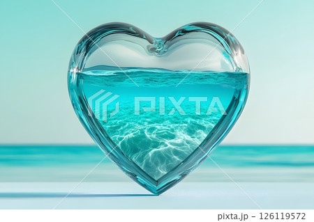 Volumetric glass heart with the sea and waves inside it, the love of summer, a long awaited vacation, world ocean, day of water 126119572