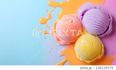 horizontal banner with melting balls of fruit ice cream, heat, empty space for text 126119574