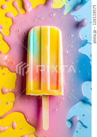 Fruit strawberry melted ice cream on a stick, pink background, bright summer colors, vertical trending photo 126119575