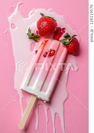 Fruit strawberry melted ice cream on a stick, pink background, bright summer colors, vertical trending photo 126119576