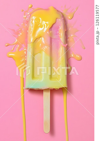 Fruit strawberry melted ice cream on a stick, pink background, bright summer colors, vertical trending photo 126119577