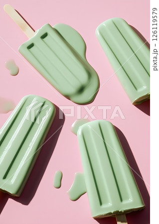 Green pistachio mint melting ice cream on a stick, pink background, vertical trending magazine photo 126119579
