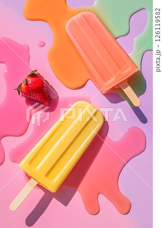 Two melting popsicles on a pink background with drips and puddles, top view, pink background, hot summer day Two melting popsicles on a pink background with drips and puddles, top view, pink background, hot summer day 126119582