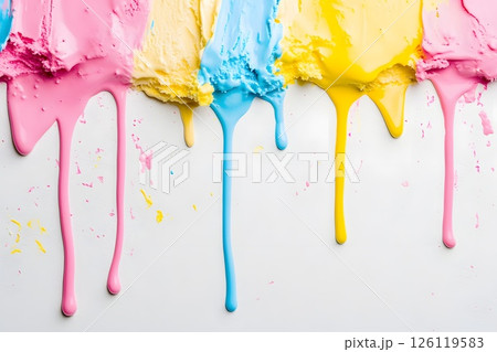 horizontal banner with melting pink, blue and yellow ice cream on a white background horizontal banner with melting pink, blue and yellow ice cream on a white background 126119583