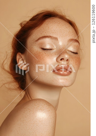 Beautiful red-haired girl with freckles, portrait, model photo Beautiful red-haired girl with freckles, portrait, model photo 126119600