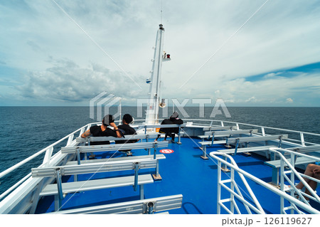 Seats on the deck of an ocean transport and tourist ship 126119627