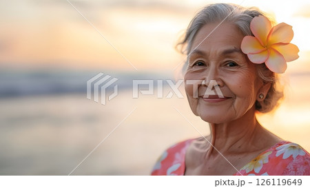 Horizontal banner, Asian old woman with a tropical flower in her hair, sea and beach, summer vacation 126119649