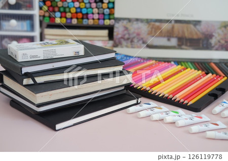 Art Supplies and Tools on a Desk 126119778