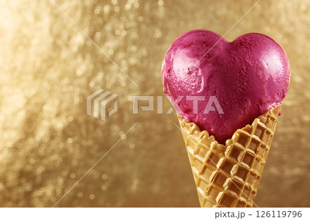 Pink heart shaped ice cream ball in a waffle cone on a gold glamorous background, horizontal banner with space for text 126119796