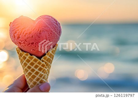 A heart-shaped ice cream ball in a waffle cone on a sea background in hand, horizontal banner 126119797