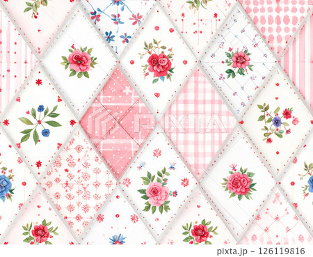 Beautiful floral patchwork design featuring pink and white colors, with intricate patterns and roses, creating charming and vibrant aesthetic. This seamless fabric is perfect for various crafts Beautiful floral patchwork design featuring pink and white colors, with intricate patterns and roses, creating charming and vibrant aesthetic. This seamless fabric is perfect for various crafts 126119816