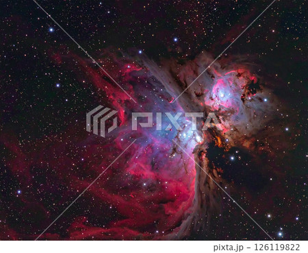 stunning nebula in deep space, showcasing vibrant colors of red, blue, and purple, surrounded by countless stars, creating mesmerizing cosmic scene 126119822