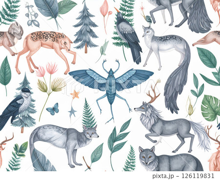 beautiful seamless pattern featuring various animals such as wolves, fox, and unique insect, surrounded by lush foliage and delicate flowers, creating whimsical and enchanting atmosphere 126119831