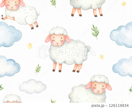 Cute sheep pattern with fluffy clouds and stars, perfect for children decor or fabric design. playful sheep add whimsical touch to any project 126119834