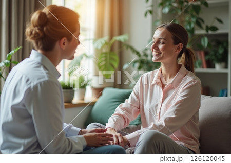 A therapist guiding a client in self-compassion therapy, focusing on mindfulness and relaxation, calm and supportive setting. 126120045