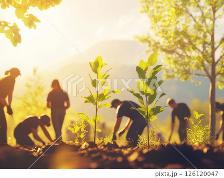 Volunteers planting native trees in deforested area, bright sunlight, nurturing young saplings, hope for forest regeneration 126120047