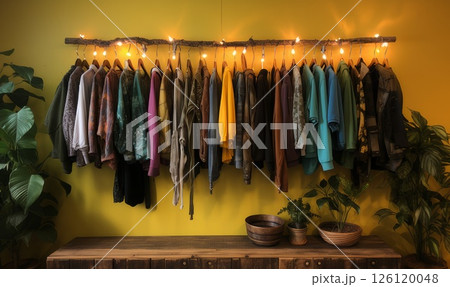 Upcycled jackets in eco-friendly fashion boutique, curated display of repurposed clothing, stylish, warm aesthetic 126120048