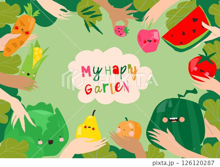 Cute Frame with Hands holding Cartoon Fruits and Vegetables Cute Frame with Hands holding Cartoon Fruits and Vegetables 126120287