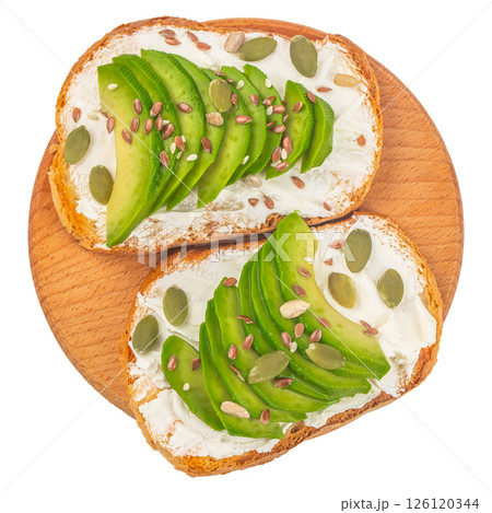 Avocado sandwich or toast sliced avocado, cheese for breakfast or lunch isolated on white background. top view. Vegetarian food. Vegan menu 126120344
