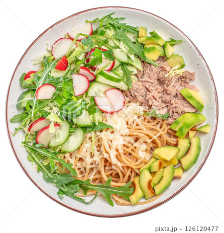 Tuna salad with pasta, Italian Tuna Pasta spaghetti with cheese isolated on white background, top view 126120477