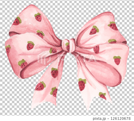 Coquette Strawberry Bow Watercolor in Autumn Garden with Soft Pastel and Feminine Vintage Style 126120678