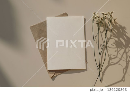 Minimalist blank greeting card invitation mockup, craft paper envelope on a neutral table background. Delicate dried limonium flowers. Soft natural shadows in warm sunlight. Flat lay, top view. Minimalist blank greeting card invitation mockup, craft paper envelope on a neutral table background. Delicate dried limonium flowers. Soft natural shadows in warm sunlight. Flat lay, top view. 126120868