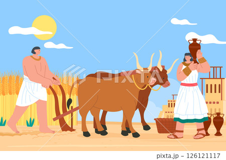 Flat Egyptian farmers with two oxen Background 126121117