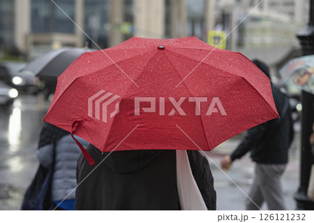Person walking through rainy city street with red umbrella, raindrops on surface, blurred traffic in background. Rear view of woman with bright umbrella. City rain scene. Concept of weather, seasons Person walking through rainy city street with red umbrella, raindrops on surface, blurred traffic in background. Rear view of woman with bright umbrella. City rain scene. Concept of weather, seasons 126121232