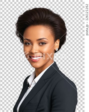Portrait of a professional African American woman with short, straight hair, wearing a tailored dark suit and light-colored blouse. Her 126121262