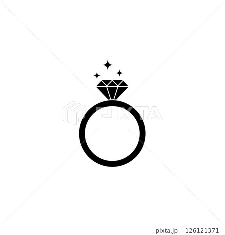 Simple black vector icon of a ring with diamond and sparkles, representing engagement. 126121371