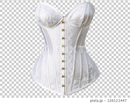 luxurious bridal corset with translucent lace panels, lace-up details, and subtle floral embroidery along the edges. luxurious bridal corset with translucent lace panels, lace-up details, and subtle floral embroidery along the edges. 126121447