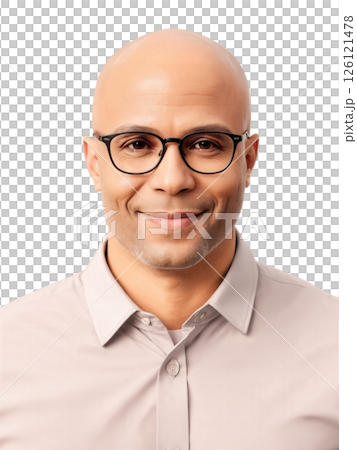 African man aged 30-40 years old, wearing smart casual, looking friendly with glasses, with bald and gray hair. 126121478