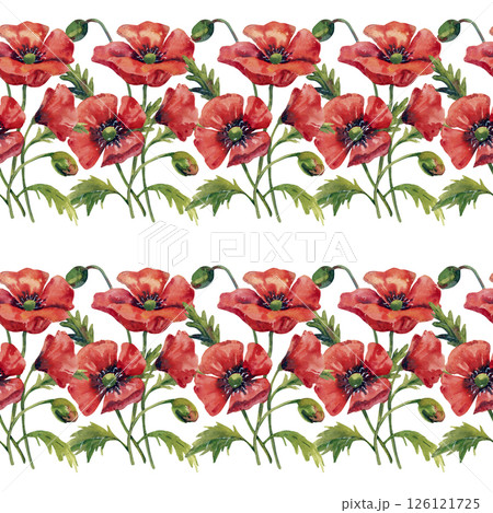 A seamless floral pattern featuring vibrant red flowers and green leaves on a white background, arranged in a symmetrical design with circular outlines. 126121725