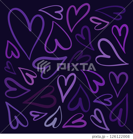 One line hand drawn hearts seamless pattern in purple and pink shades on dark background One line hand drawn hearts seamless pattern in purple and pink shades on dark background 126122008