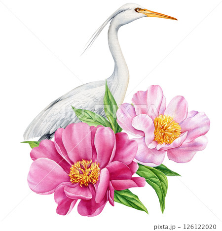 White heron bird with two pink peony flowers and green leaves, botanical composition for wedding design watercolor art 126122020