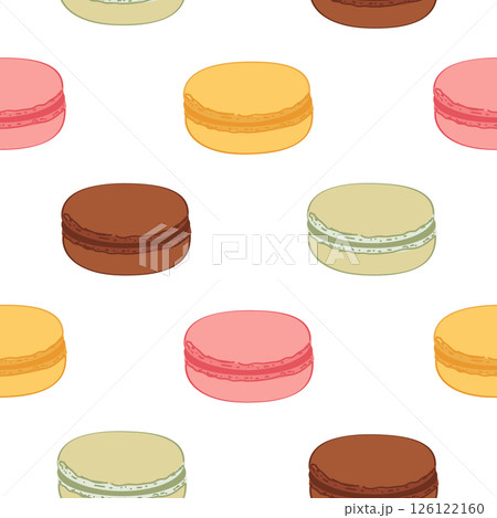 Colorful French macaroons seamless pattern. Pastries, desserts and sweets vector background. 126122160