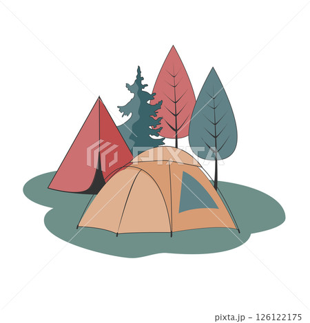 Camping isolated illustration. Group of tents in the forest. Adventure vector drawing 126122175