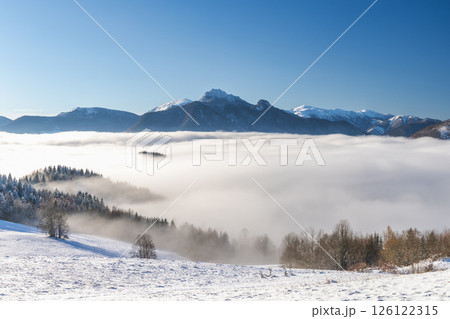 Snowy winter landscape in a misty sunny morning. The Mala Fatra national park in northwest of Slovakia, Europe. Snowy winter landscape in a misty sunny morning. The Mala Fatra national park in northwest of Slovakia, Europe. 126122315