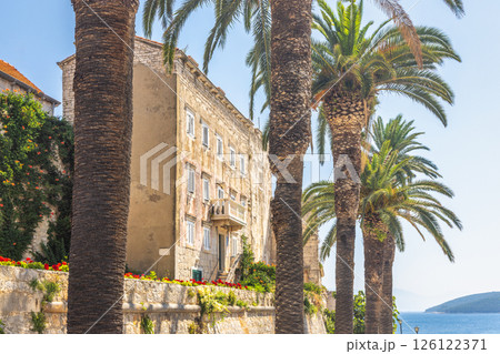 Korcula town in island of Korcula in Adriatic sea in Croatia, Europe. Scenic building in a sunny, coastal location, with palm trees adding a touch of tropical charm to the Mediterranean architecture Korcula town in island of Korcula in Adriatic sea in Croatia, Europe. Scenic building in a sunny, coastal location, with palm trees adding a touch of tropical charm to the Mediterranean architecture 126122371