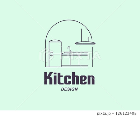 Linear vector logo featuring a kitchen set with a hood, refrigerator, and table with pull-out drawers 126122408