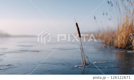 Frozen Wetlands with Cattails During a Misty Winter Morning 126122671
