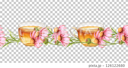 Seamless border with hand-drawn echinacea flowers and cups of tea, ideal for herbal tea branding. Seamless border with hand-drawn echinacea flowers and cups of tea, ideal for herbal tea branding. 126122680