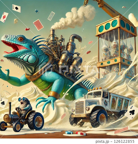 ファンタジー世界でクリームの中を進むモグラとイグアナとダンプカー 126122855