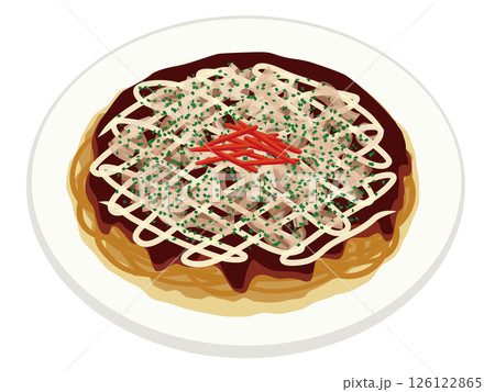 白いお皿に乗せたモダン焼き（焼きそば入りのお好み焼き） 126122865